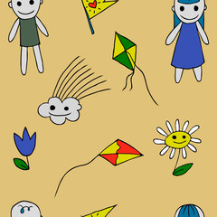 flower, kite flying, cloud, boy, girl2