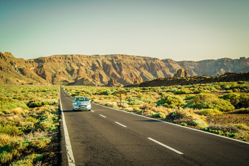 Volcanic Landscape with car at Teide at Tenerife, Canary Islands