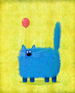 Big Blue Cat Holding Pink Balloon