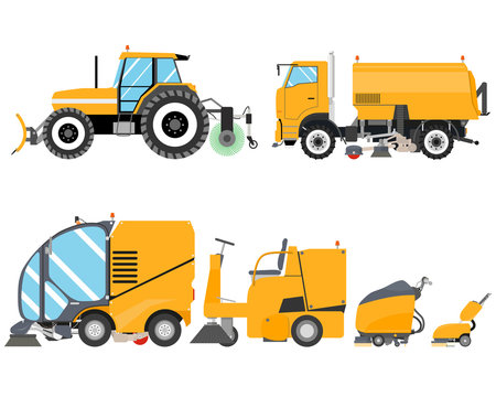 Heavy Equipment for Road cleaning and indoor. Cleaning equipment. Road works. Vector illustration
