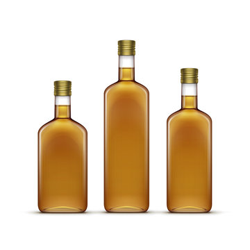 Vector Set of Alcohol Alcoholic Beverages Drinks Whiskey or Sunflower Olive Oil Glass Bottles Isolated on White