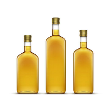 Vector Set of Alcohol Alcoholic Beverages Drinks Whiskey or Sunflower Olive Oil Glass Bottles Isolated on White