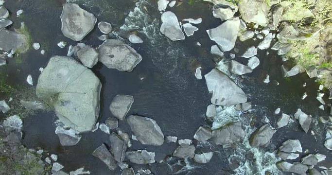 Mountain river and stones aerial view.