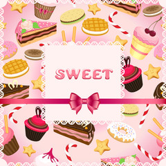 Background with set of sweet food icons. Cake,  donut, wafer, muffins, biscuit, lollipop, cake.