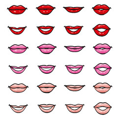 Fototapeta na wymiar Set of female lips of different shapes and colors of lipstick and gloss, red, pink and beige natural skin color mouth in a smile, closed and talking, part of the face, isolated vector design elements