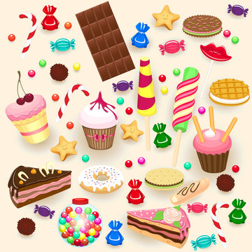 Set of sweet food icons. Cake, ice cream, chocolate, donut, candy, wafer, biscuit, cake, chewing gum.