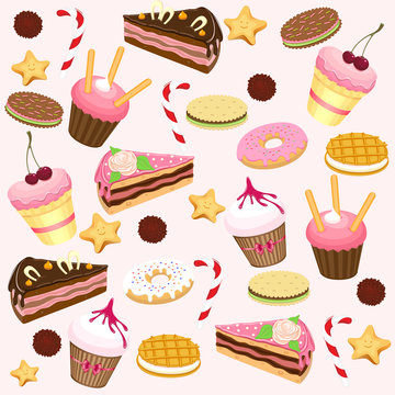 Set of sweet food icons. Cake,  donut, wafer, muffins, biscuit, lollipop, cake.
