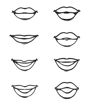Set of female lips without background of different shapes, icons black lines and strokes, mouth in a smile, closed and talking, part of the face, isolated vector design elements