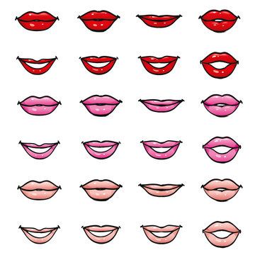 Set of female lips of different shapes and colors of lipstick and gloss, red, pink and beige natural skin color mouth in a smile, closed and talking, part of the face, isolated vector design elements