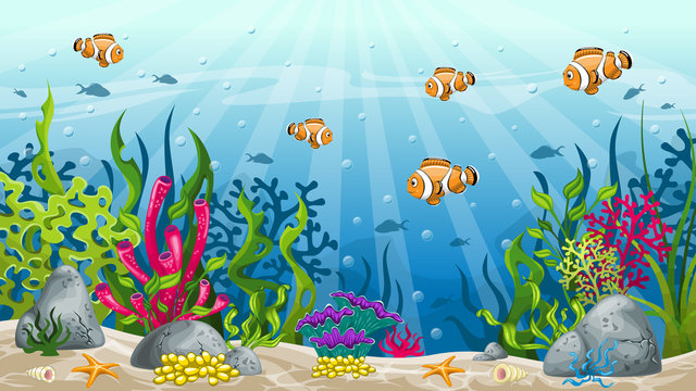 Illustration of underwater landscape with clownfish 