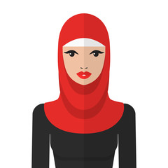 Beautiful muslim woman in hijab vector flat icon. Arab woman portrait.