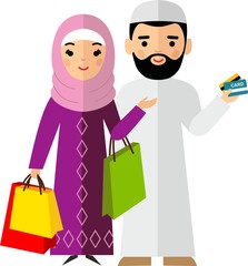 Shopping concept with arab people in colorful style.