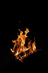 Flaming firewood in the night fire
