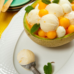 Exotic Cantaloupe Melon Ice Cream. Selective focus.