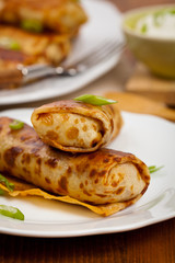 Blintzes or Russian Pancakes with Meat. Selective focus.