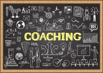 Hand drawn coaching on chalkboard. Business doodles. - obrazy, fototapety, plakaty