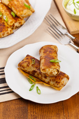 Blintzes or Russian Pancakes with Meat. Selective focus.