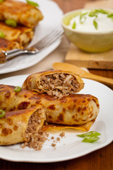 Blintzes or Russian Pancakes with Meat. Selective focus.