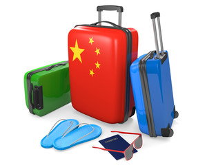 Travel luggage items and accessories for a vacation to or from China, 3D rendering