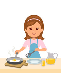 Cute girl in an apron prepares an omelet. Mom to cook breakfast. Concept design of motherhood and household chores