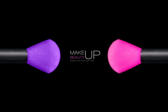 Makeup concept. Colorful Make up brushes over black background