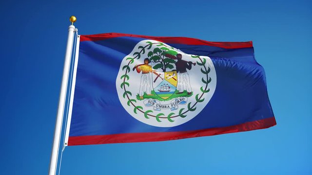 Belize flag waving in slow motion against clean blue sky, seamlessly looped, long shot, isolated on alpha channel with black and white luminance matte, perfect for film, news, digital composition
