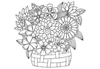 Bouquet of flowers. Doodle flowers  adult coloring page 