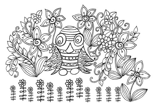 Owl and flowers. Doodle black and white drawing