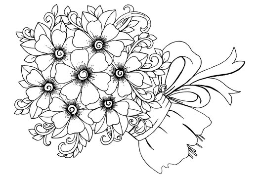 Bouquet of flowers. Doodle flowers  adult coloring page 