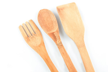 wood spoon fork utensils on white background