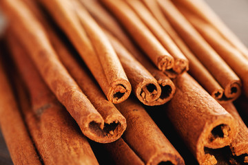 Heap of cinnamon sticks closeup macro shot