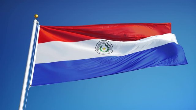 Paraguay flag waving in slow motion against clean blue sky, seamlessly looped, close up, isolated on alpha channel with black and white luminance matte, perfect for film, news, digital composition