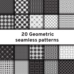 Set of 20 monochrome seamless patterns. Universal different vector patterns. Geometric ornaments. Collection black and white vector backgrounds.