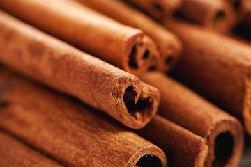 Heap of cinnamon sticks closeup macro shot
