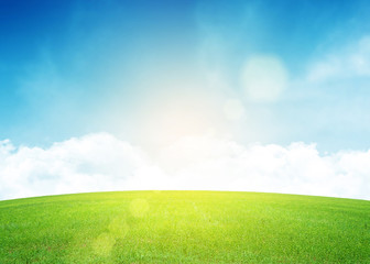 Green grass and blue sky with clouds