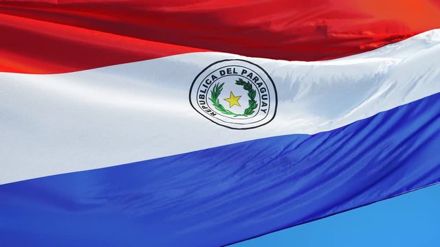 Paraguay flag waving in slow motion against clean blue sky, seamlessly looped, close up, isolated on alpha channel with black and white luminance matte, perfect for film, news, digital composition