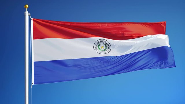 Paraguay flag waving in slow motion against clean blue sky, seamlessly looped, close up, isolated on alpha channel with black and white luminance matte, perfect for film, news, digital composition