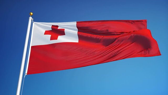 Tonga flag waving in slow motion against clean blue sky, seamlessly looped, close up, isolated on alpha channel with black and white luminance matte, perfect for film, news, digital composition
