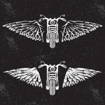 biker theme grunge labels set with bike and wings