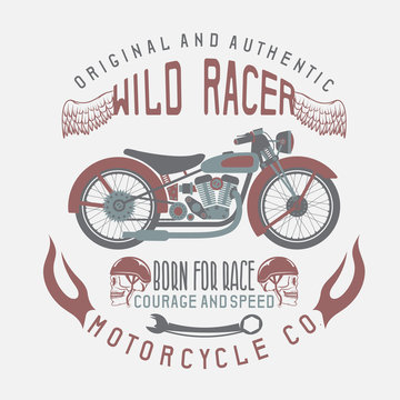 wild racer vintage print with motorcycle,wings and skulls