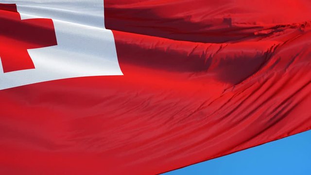 Tonga flag waving in slow motion against clean blue sky, seamlessly looped, close up, isolated on alpha channel with black and white luminance matte, perfect for film, news, digital composition