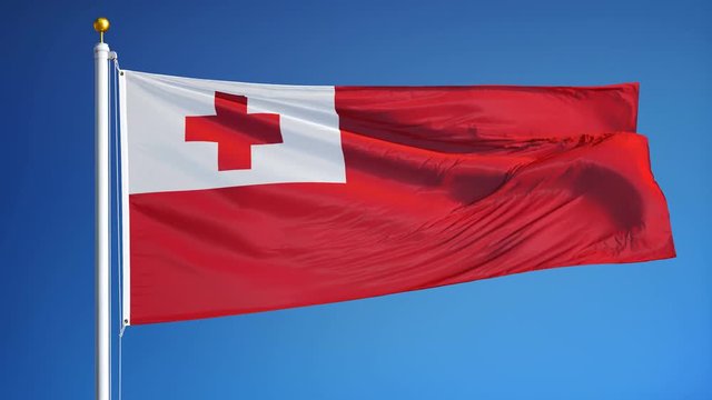 Tonga flag waving in slow motion against clean blue sky, seamlessly looped, close up, isolated on alpha channel with black and white luminance matte, perfect for film, news, digital composition