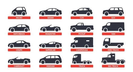 Foto op Canvas Car Type and Model Objects icons Set, automobile. Vector black illustration isolated on white background with shadow. Variants of car body silhouette for web © MoreVector