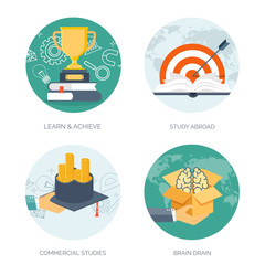 Vector illustration. Flat backgrounds set. Distance education,learning. Online courses, web school. Knowledge,information. Study process. E-learning.