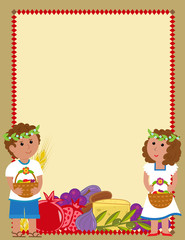 Shavuot kids Blank Sign - Shavuot blank sign with a boy and a girl holding fruit baskets and the holiday symbols at the bottom. Eps10