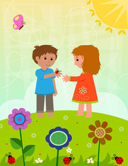 Spring Ladybugs - Boy and a girl are holding a ladybug, standing on a hill with flowers. Eps10