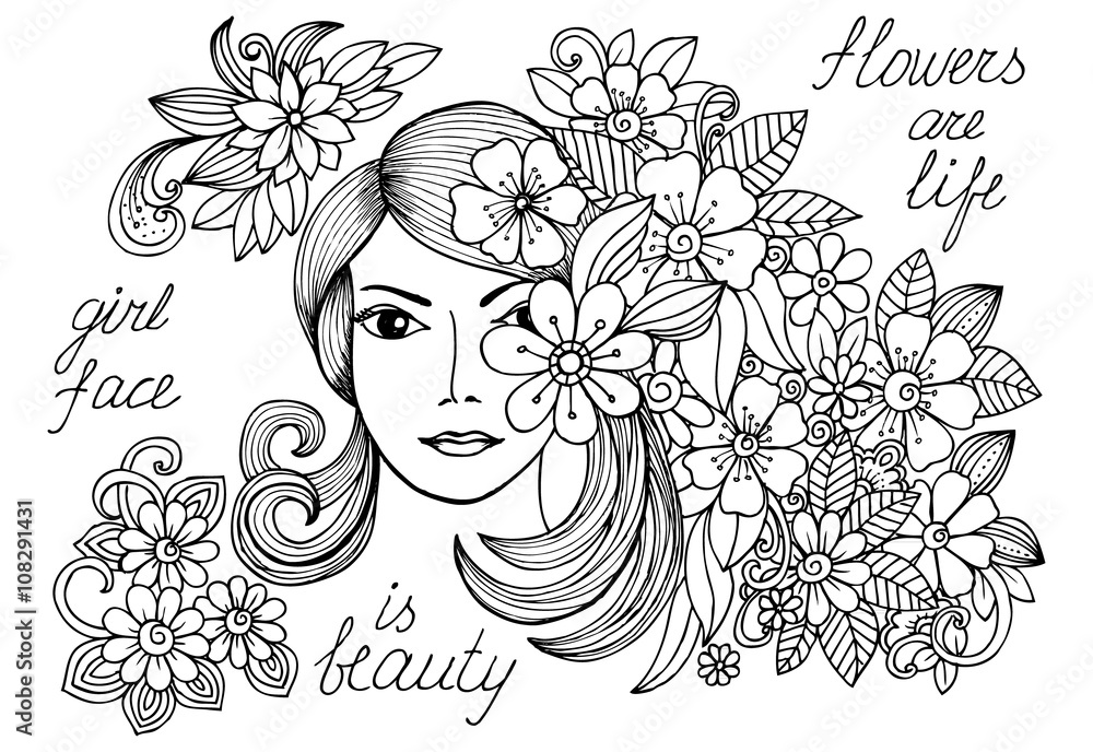 Wall mural woman's face and floral doodle pattern