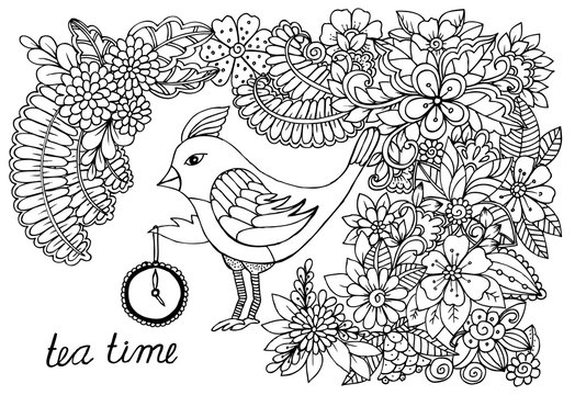 Flowers and bird coloring page