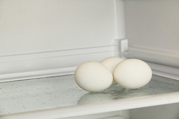 Fresh eggs on refrigerator shelf.
