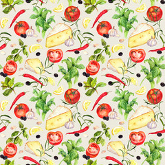 Cooking pattern, seamless food background. Watercolor